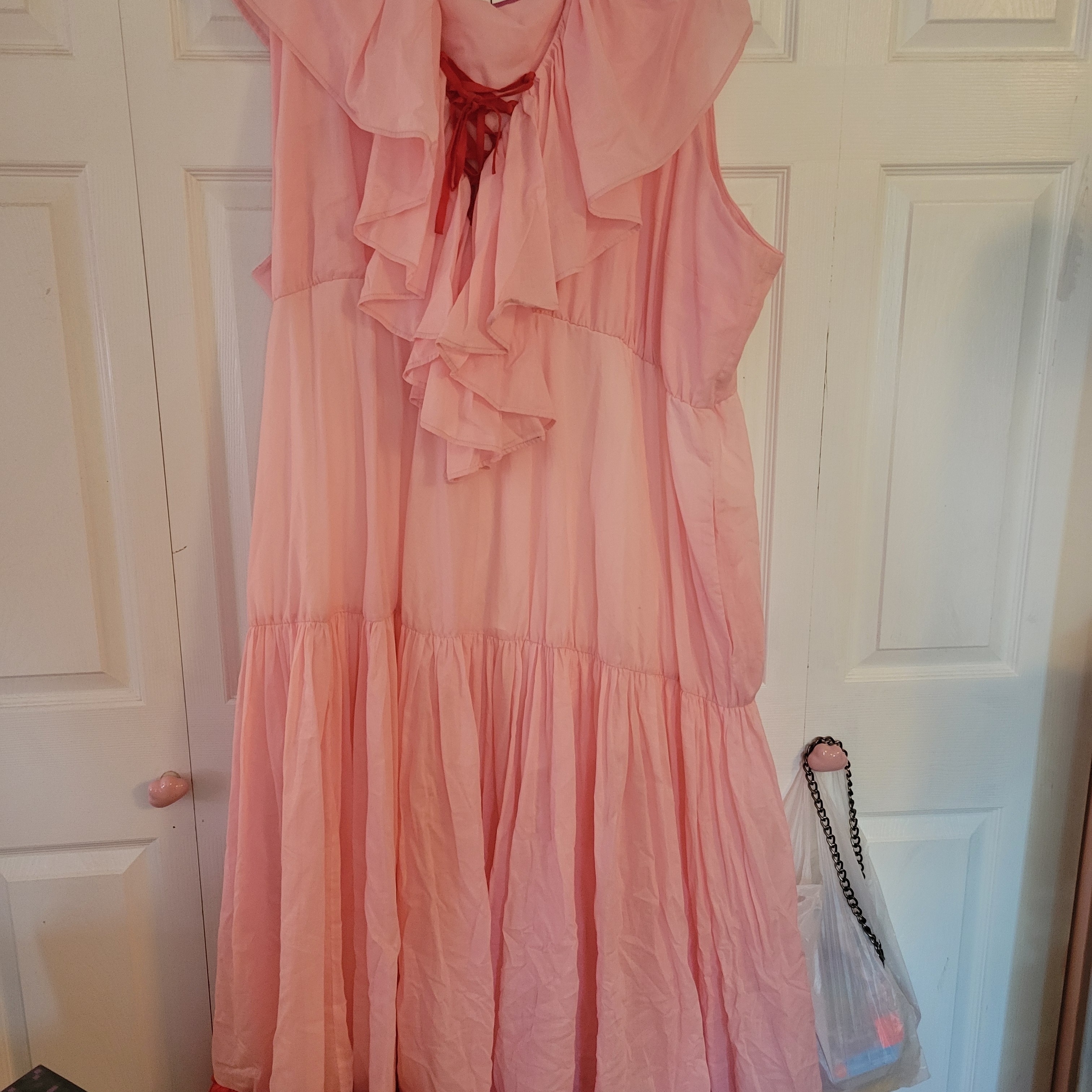 Sleeveless Pink Ruffle Maxi Dress With Tie Neck